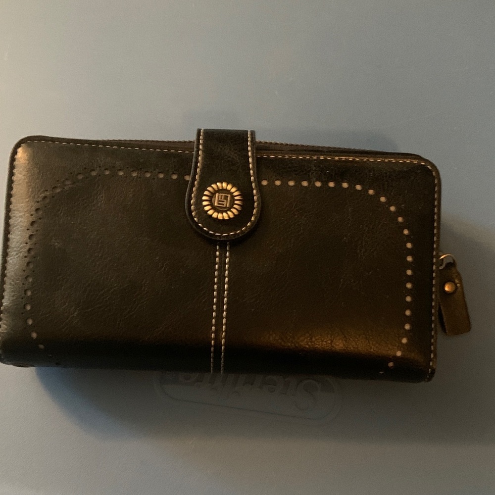 Black Leather Zip-Around Wallet with Stud Accent